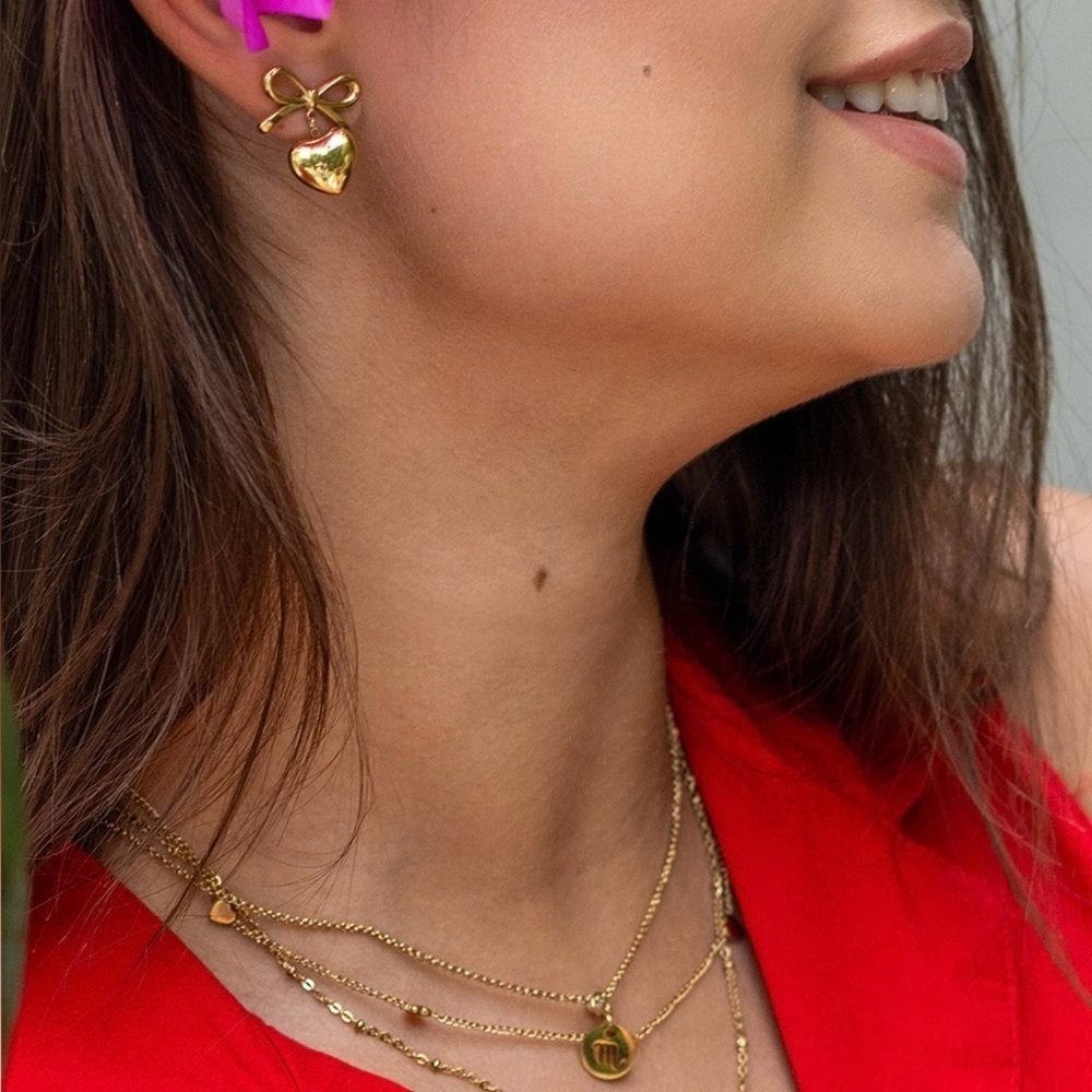 18k Gold Plated Bow Shaped Heart Pendant Earrings